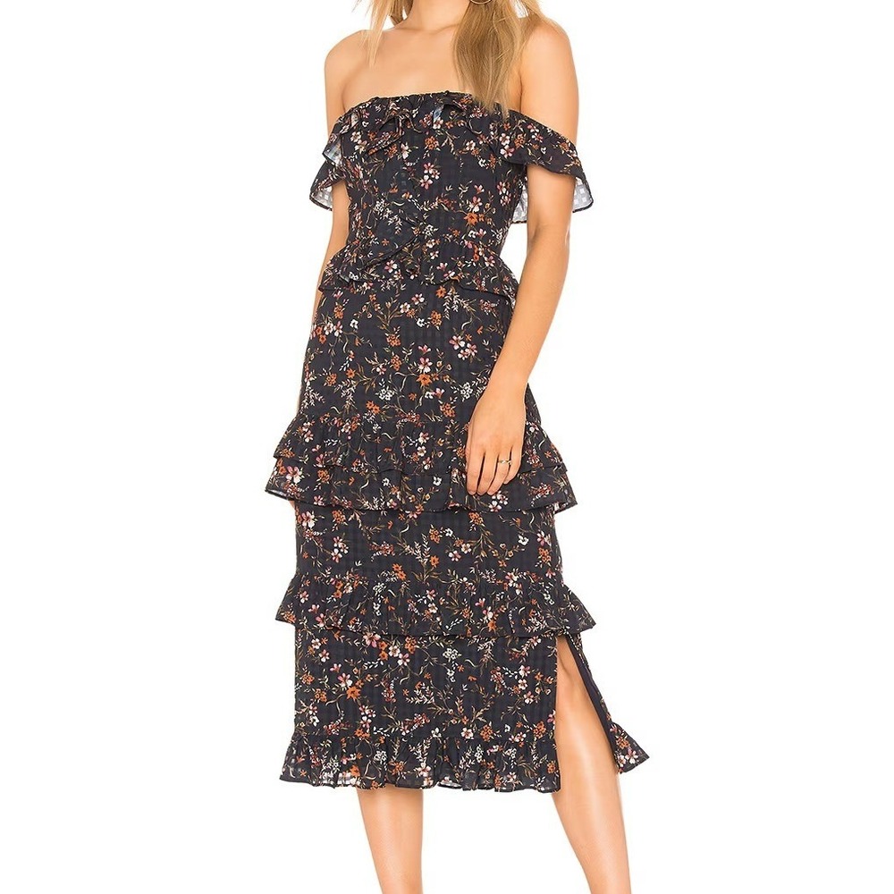 Tularosa‎ Navy Lily Gingham Midi Dress Burlingame Floral Off the Shoulder XS